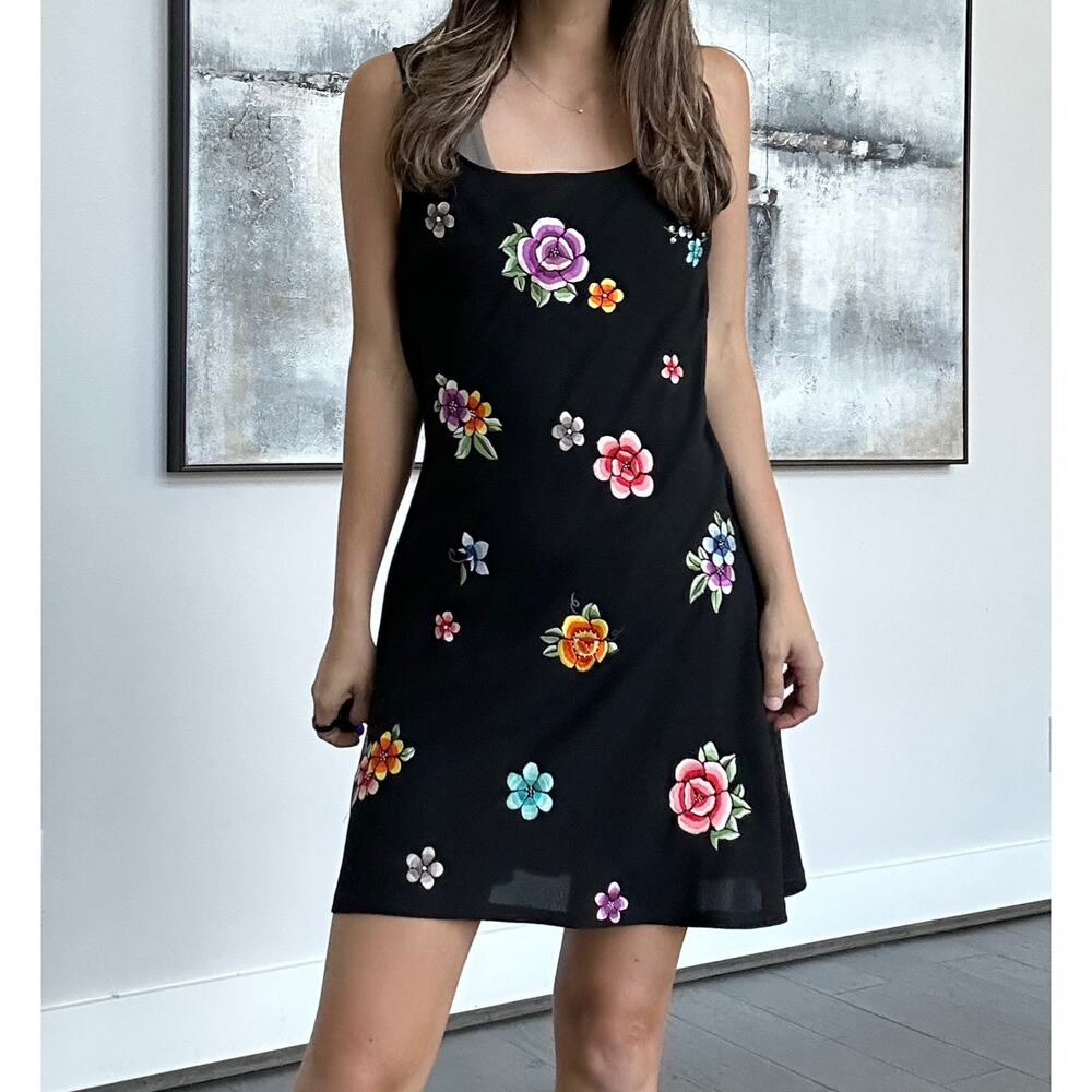 Vivienne Tam Black Mini Embroidered Floral Dress Size 2
